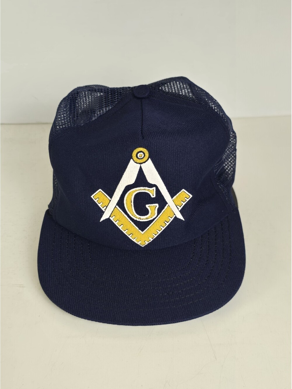 Vintage Free Masons Navy Blue Mesh Trucker Snapback Hat Made In USA NOS